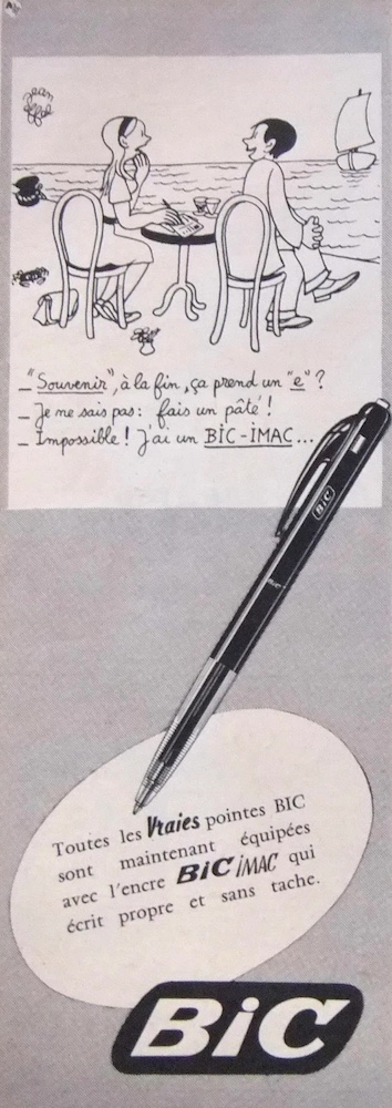 Publicité Bic - Crayon - Toutes les vraies pointes Bic sont maintenant équipées avec l'encre Bic Imac - Couple écrit une carte postale en bord de mer - Illustration Jean Effel - Agence Française de Propagande - 1956