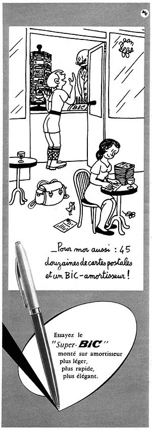 Publicité Bic - Crayon - Essayez le Super-Bic monté sur amortisseur - Femme commande des cartes postales - Illustration Jean Effel - Agence Française de Propagande - 1954
