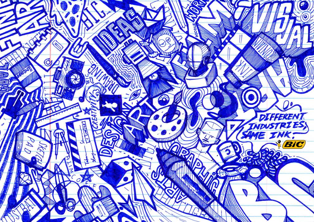 Publicité Bic - Stylo - Different industries, same ink - Dessins en bleu évoquant l'univers de l'art - Ecole Open Window Institute Of Arts and Digital Sciences - Afrique du Sud - 2018