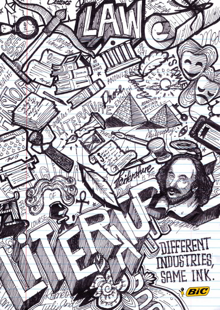 Publicité Bic - Stylo - Different industries, same ink - Dessins en noir évoquant les univers de la littérature, de l'histoire et du droit - Ecole Open Window Institute Of Arts and Digital Sciences - Afrique du sud - 2018