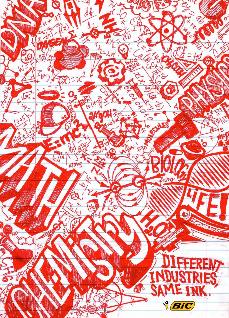 Publicité Bic - Stylo - Different industries, same ink - Dessins en rouge évoquant les univers des mathématiques, de la chimie et de la physique - Ecole Open Window Institute Of Arts and Digital Sciences - Afrique du sud - 2018