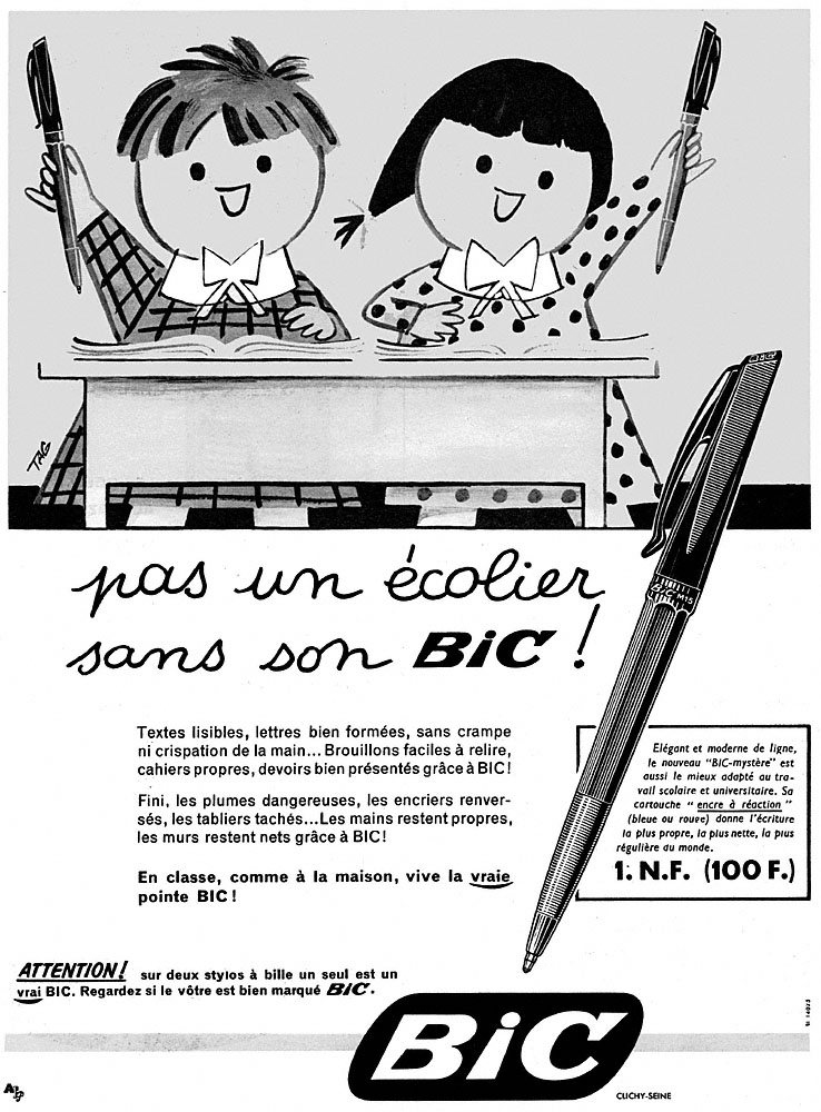 Publicité Bic - Crayon - Pas un écolier sans son Bic - Illustration de deux écoliers levant la main avec un crayon derrière leur pupitre - Agence Française de Propagande - 1959