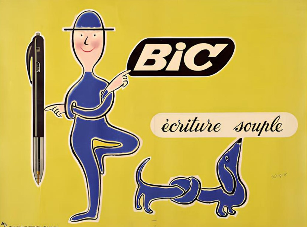 Publicité Bic - Stylo - Écriture souple - Homme se contorsionne en pointant le stylo et le mot Bic avec ses doigts à côté d'un teckel dont le corps forme un noeud - Illustration Raymond Savignac - 1958