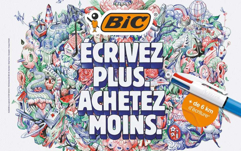 Publicité Bic - Écrivez plus. Achetez moins - Bic 4 couleurs - + de 6 km d'écriture - Dessin utilisant les 4 couleurs du stylo - Agence Hungry and Foolish - France - 2024