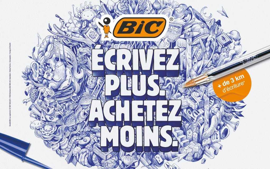 Publicité Bic - Écrivez plus. Achetez moins - Bic Cristal - + de 3 km d'écriture - Dessin utilisant la couleur bleue du stylo - Agence Hungry and Foolish - France - 2024