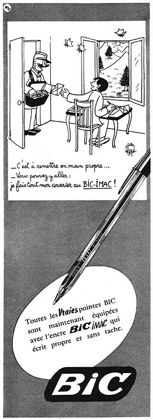 Publicité Bic - Crayon - Toutes les vraies pointes Bic sont maintenant équipées avec l'encre Bic Imac - Facteur apporte une lettre - Illustration Jean Effel - Agence Française de Propagande - 1956