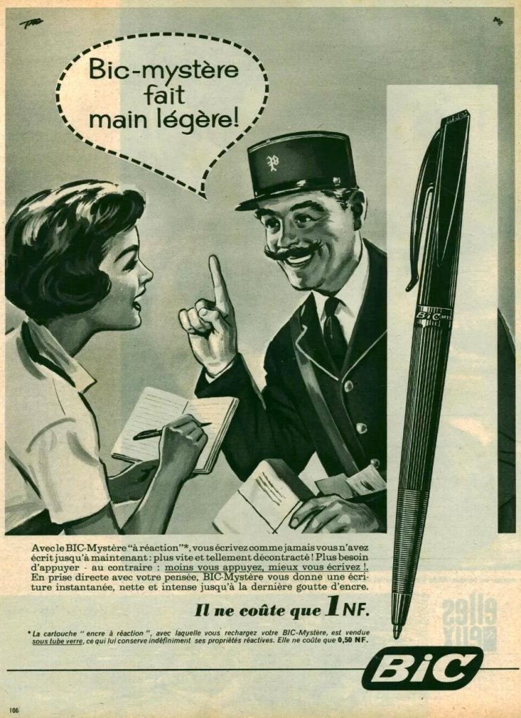 Publicité Bic - Bic-mystère - Bic-mystère fait main légère - Illustration - Le postier parle à une femme — Agence Française de Propagande - 1960