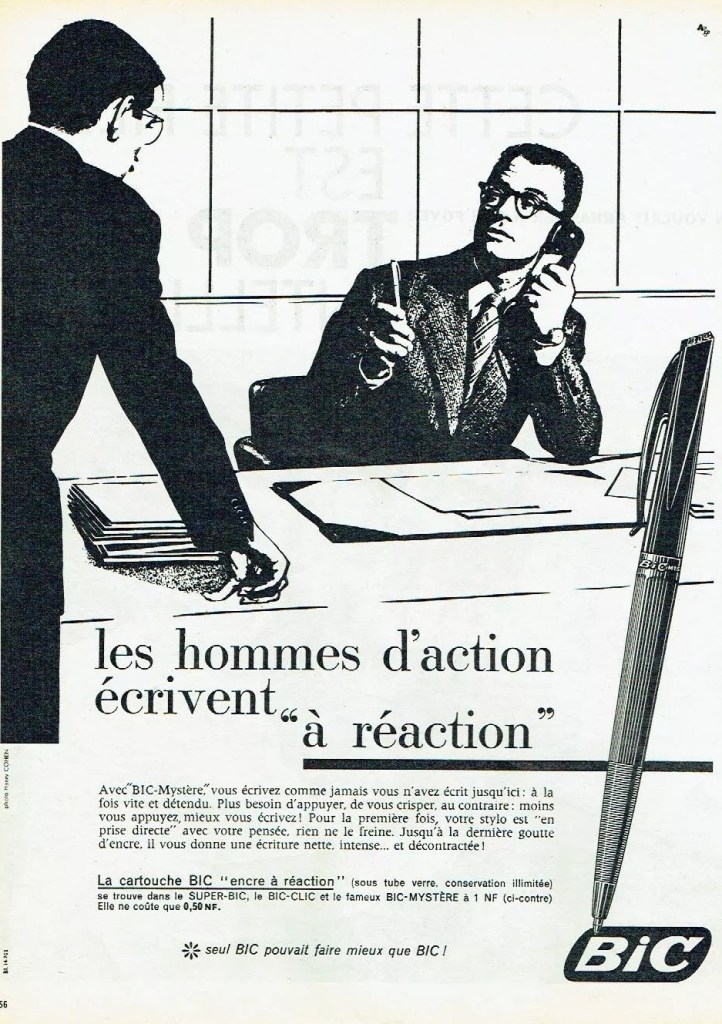 Publicité Bic - Stylo - Les hommes d'action écrivent à réaction - Deux hommes parlent dans un bureau, l'un des deux a un stylo à la main - Agence Française de Propagande - 1960