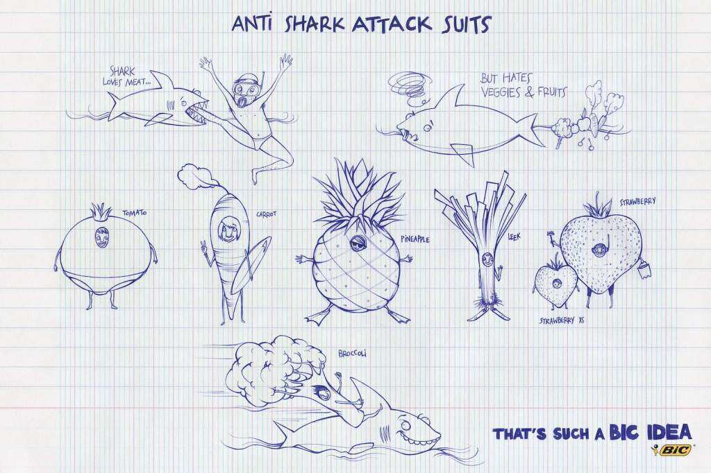 Publicité Bic - Stylo - That's such a Bic idea - Anti Shark attack Suits - Des esquisses pour une tenue anti-requins - Agence Publicis (Espagne) - 2013