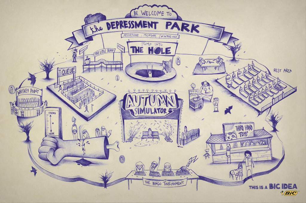 Publicité Bic - Stylo - This is a Bic idea - The depressment park - Des esquisses pour un parc d'attractions de la dépression - Agence Publicis (Espagne) - 2013