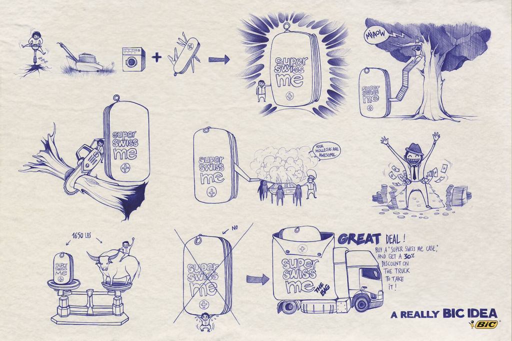 Publicité Bic - Stylo - A really Bic idea - Super Swiss Me - Des esquisses pour un couteau suisse géant pour rendre bien des services - Agence Publicis (Espagne) - 2013