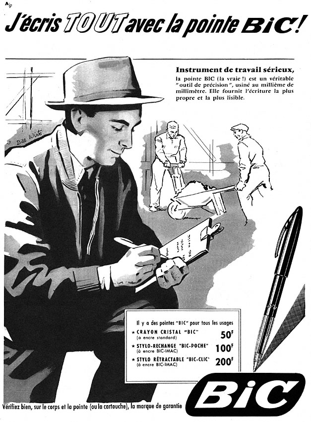 Publicité Bic - Crayon - J'écris tout avec la pointe Bic - Homme prend des notes sur un chantier - Agence Française de Propagande - 1956