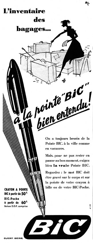 Publicité Bic - Crayon - L'inventaire des bagages à la pointe Bic bien entendu - Femme comptant ses valises - Agence Française de Propagande - 1953