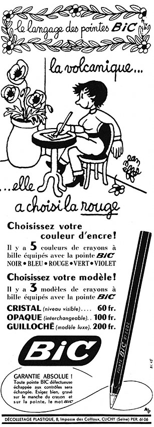 Publicité Bic - Stylos - Le langage des pointes Bic - La volcanique a choisi la rouge - Illustration Jean Effel - Femme écrit sur une petite table ronde - 1952