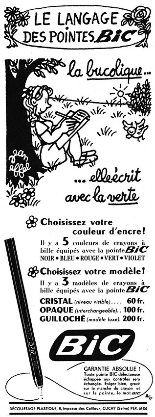Publicité Bic - Stylos - Le langage des pointes Bic - La bucolique écrit avec la verte - Illustration Jean Effel- Femme écrit adossée à un arbre - 1952
