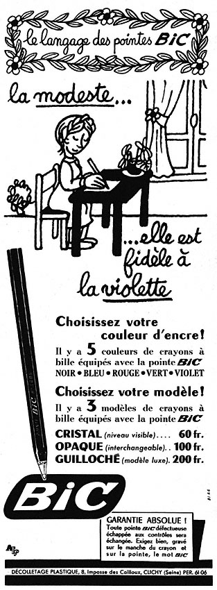 Publicité Bic - Stylos - Le langage des pointes Bic - La modeste est fidèle à la violette - Illustration Jean Effel - Femme écrit sur une table sombre rectangulaire - 1952