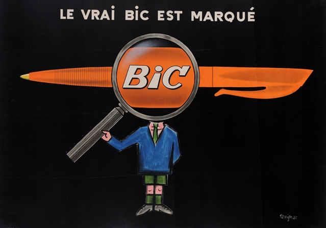 Publicité Bic - Stylo - Le vrai bic est marqué - Écolier tenant une loupe montre la marque - Raymond Savignac - 1952