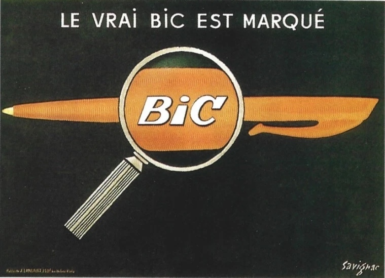 Publicité Bic - Stylo - Le vrai bic est marqué - Loupe montre la marque - Raymond Savignac - 1952