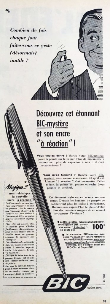 Publicité Bic - Crayon - Découvrez cet étonnant Bic-Mystère et son encre à réaction - Combien de fois par jour faites-vous ce geste inutile ? - Homme appuyant sur son crayon - Agence Française de Propagande - 1959