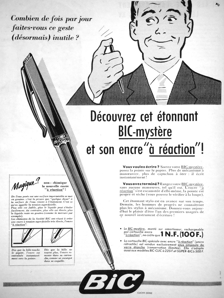 Publicité Bic - Crayon - Découvrez cet étonnant Bic-Mystère et son encre à réaction - Combien de fois par jour faites-vous ce geste inutile ? - Homme appuyant sur son crayon - Agence Française de Propagande - 1959