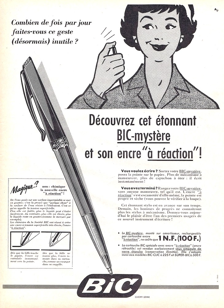 Publicité Bic - Crayon - Découvrez cet étonnant Bic-Mystère et son encre à réaction - Combien de fois par jour faites-vous ce geste inutile ? - Femme appuyant sur son crayon - Agence Française de Propagande - 1959