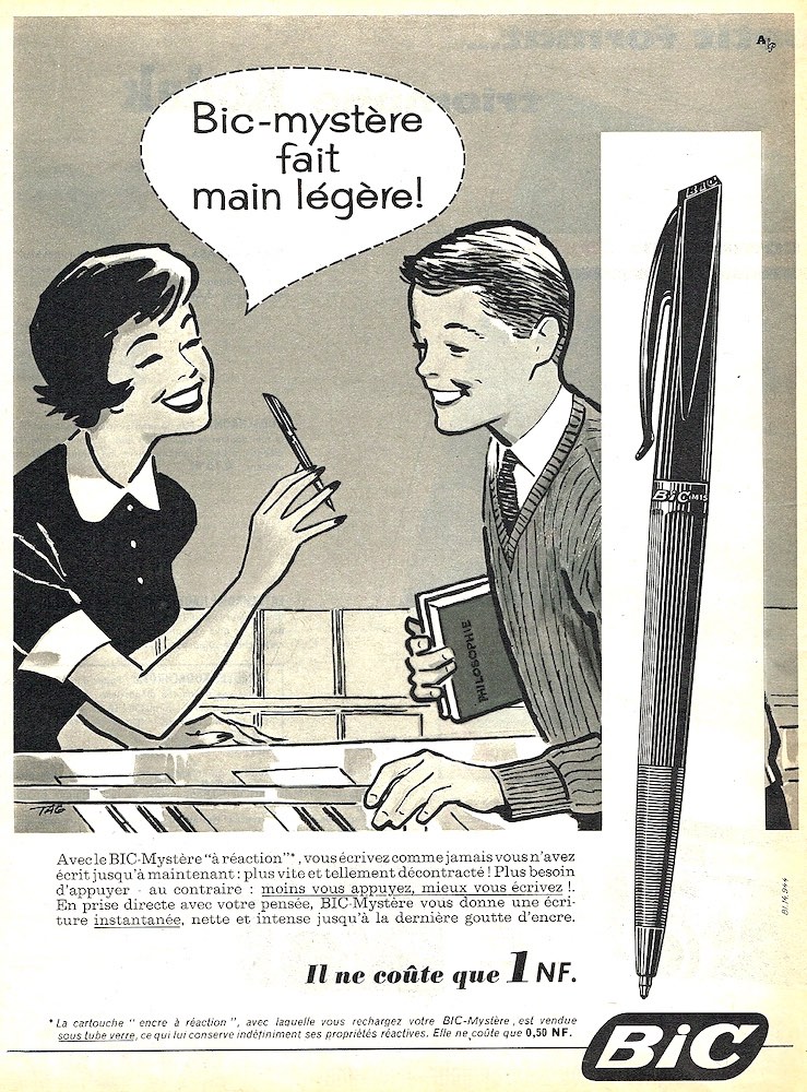 Publicité Bic - Bic-mystère - Bic-mystère fait main légère - Illustration - Femme parle à un écolier — Agence Française de Propagande - 1960