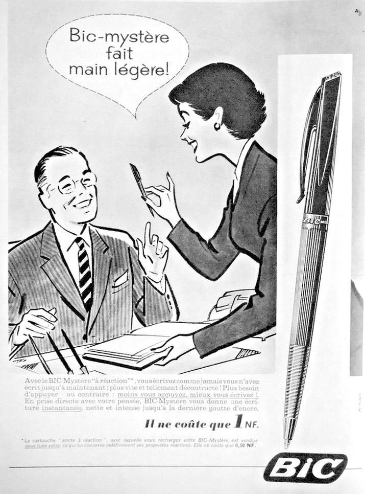 Publicité Bic - Bic-mystère - Bic-mystère fait main légère - Illustration - Femme parle à son patron — Agence Française de Propagande - 1960