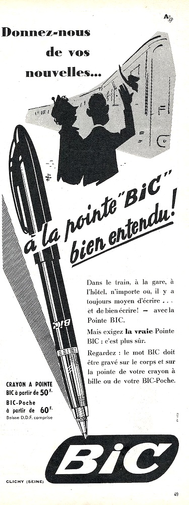 Publicité Bic - Crayon - Donnez nous de vos nouvelles à la pointe Bic bien entendu - Couple saluant une personne dans un train - Agence Française de Propagande - 1953