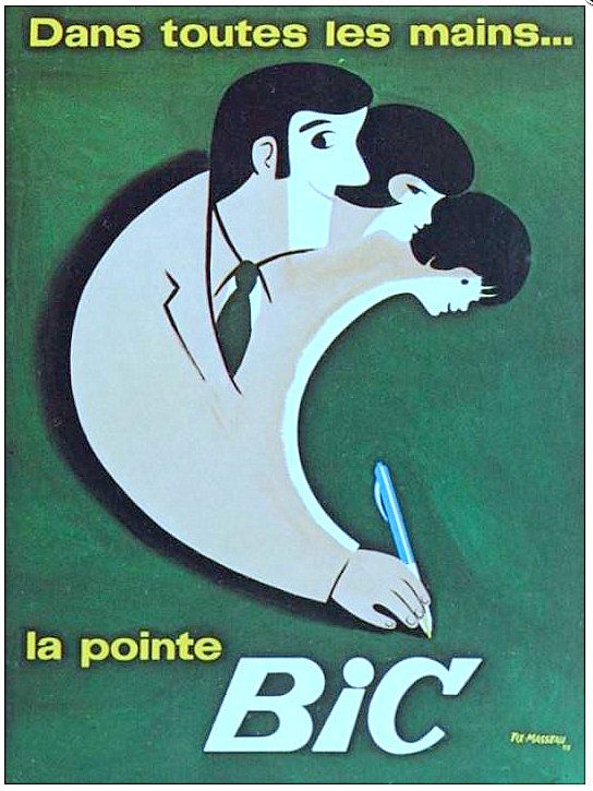 Publicité Bic - Stylo - Dans toutes les mains la pointe Bic - Trois personnages en un écrivent - Illustration Pierre Fix-Masseau - Agence Française de Propagande - 1965