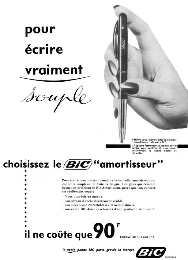 Publicité Bic - Crayon - Pour écrire vraiment souple, choisissez le Bic-amortisseur - Main tenant un crayon - Agence Française de Propagande - 1958