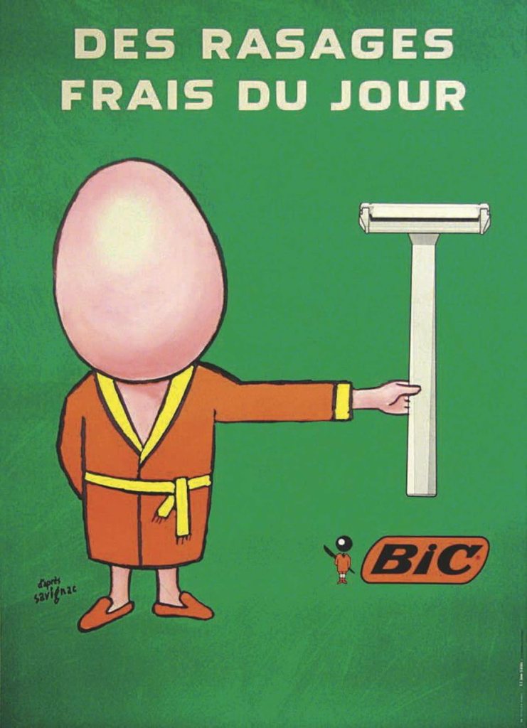 Publicité Bic - Rasoir - Des rasages frais du jour - Personnage avec une tête d'œuf et avec un peignoir orange tient un rasoir blanc dans les mains - Illustration Raymond Savignac - 1970