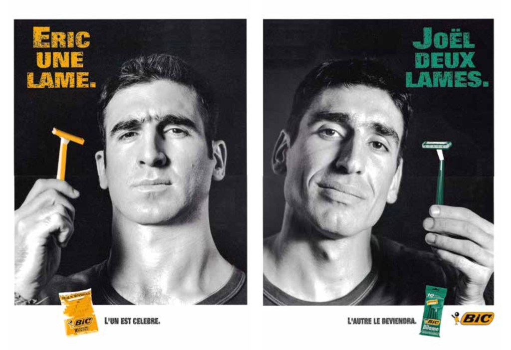 Publicité Bic - Rasoir - Eric une lame, Joël deux lames - Les frères tiennent dans leurs main des rasoirs différents (orange et vert) - Agence Hémisphère Droit - 1995