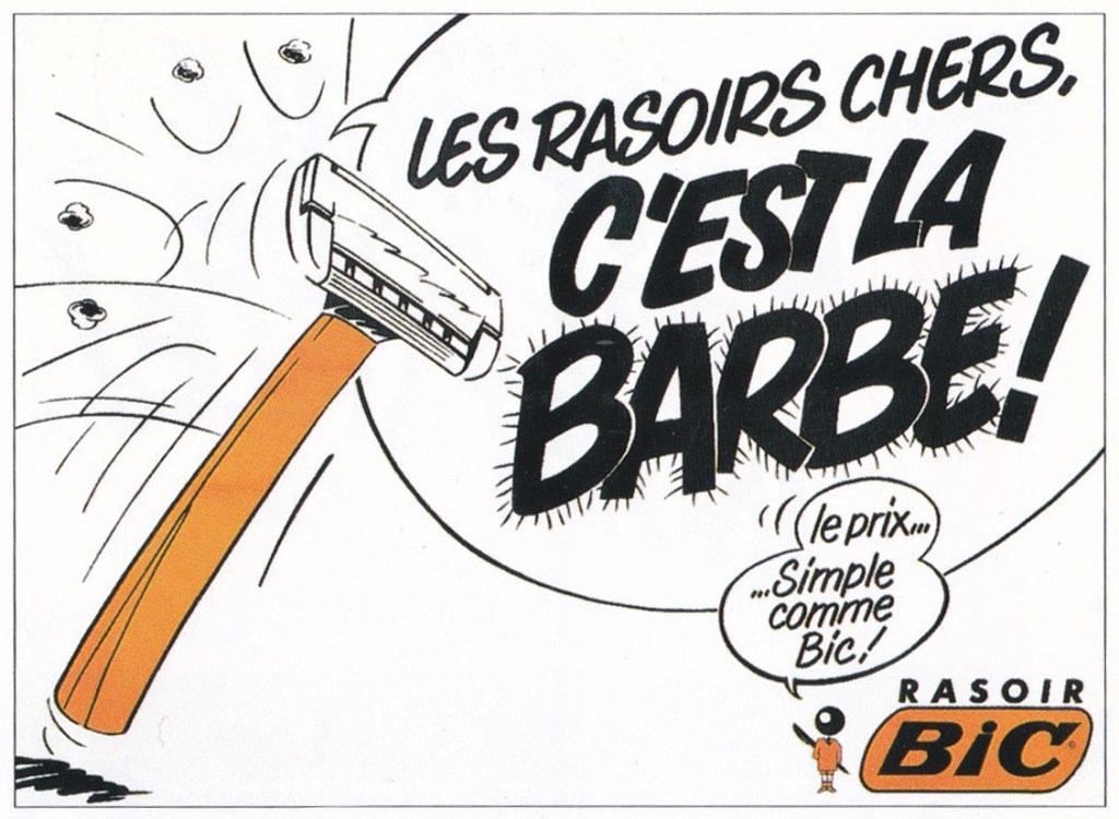 Publicité Bic - Rasoir - BD - Les rasoirs chers, c'est la barbe - Le prx simple comme Bic - Illustration Michel Coudeyre - Agence Bélier - 1984