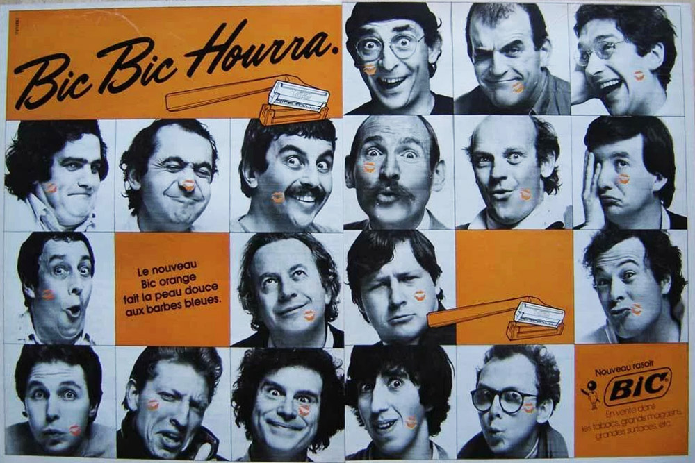Publicité Bic - Nouveau Bic orange - Rasoir - Le nouveau Bic Orange fait la peau douce aux barbes bleues - Bic Bic Hourra - Photos de 18 hommes en noir et blanc avec un baiser orange dessiné - Agence Futurs - 1981