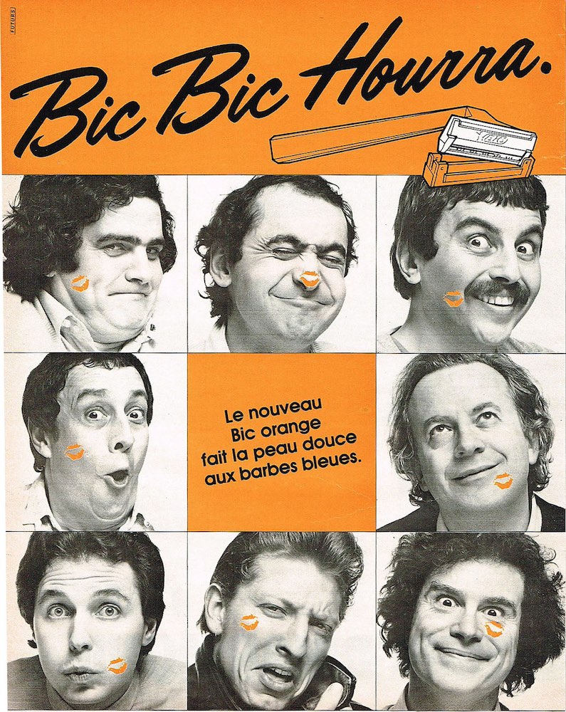 Publicité Bic - Nouveau Bic orange - Rasoir - Le nouveau Bic Orange fait la peau douce aux barbes bleues - Bic Bic Hourra - Photos de 8 hommes en noir et blanc avec un baiser orange dessiné - Agence Futurs - 1981