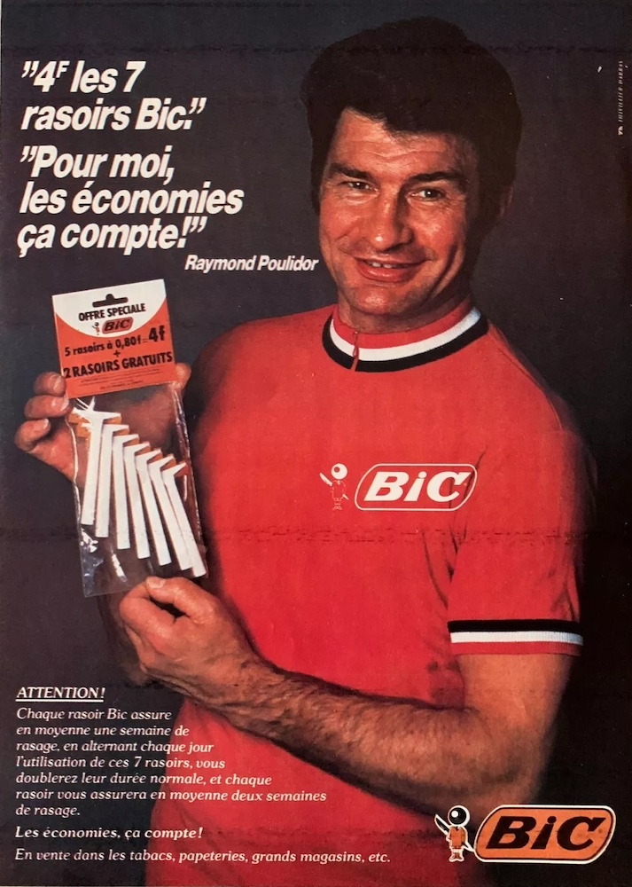 Publicité Bic - Rasoir - 4 francs les 7 rasoirs Bic, pour moi les économies ça compte - Raymond Poulidor tient le paquet de rasoirs - Agence Thivillier-Darras - 1978
