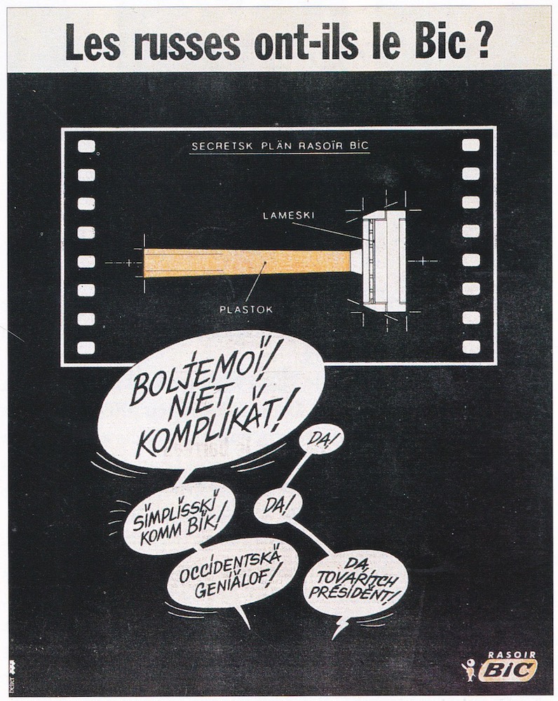 Publicité Bic - Rasoir - BD - Les russes ont-ils le Bic ? - Plans secrets et phylactères écrits en russe - Illustration Michel Coudeyre - Agence Bélier - 1984