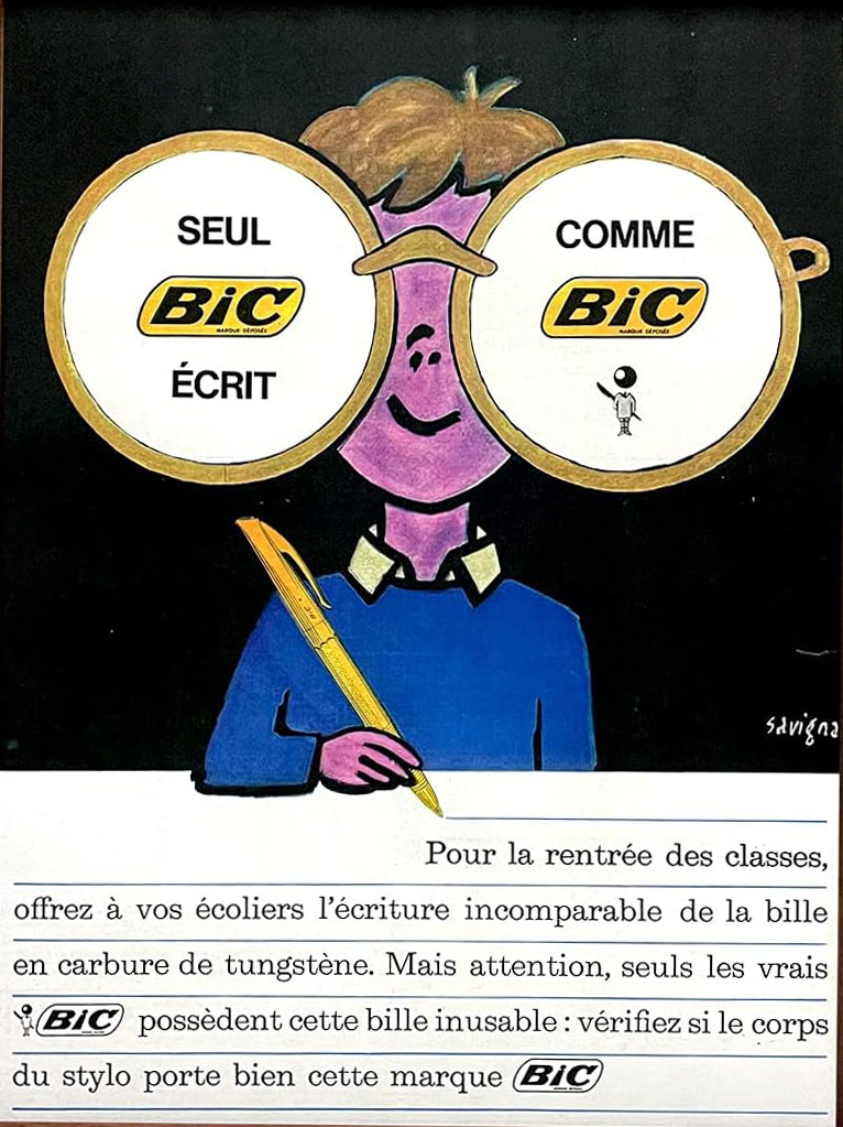 Publicité Bic - Stylo - Nouvelle Bille - Il est orange - Seul Bic écrit comme Bic - Garçon à grosses lunettes trace une ligne - Illustration Raymond Savignac - 1963