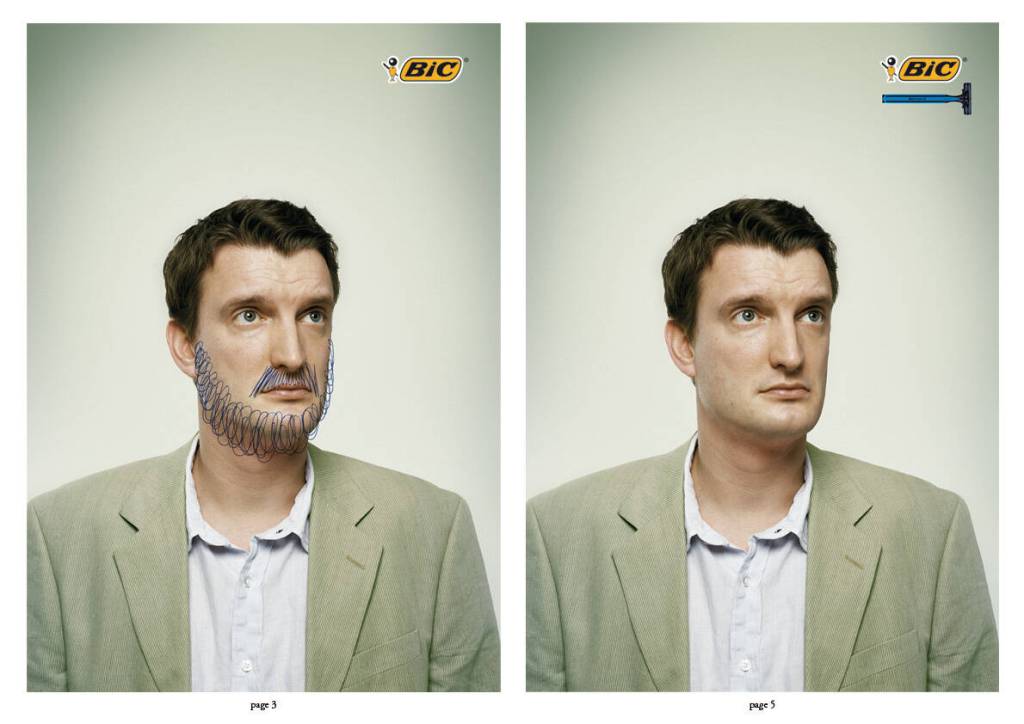 Publicité Bic - Rasoir - Homme à gauche avec des traces de stylo bleu - À droite, l'homme n'a plus de trace de crayon grâce au rasoir -UbachsWisbrun/JWT, Amsterdam - Pays-Bas - 2008