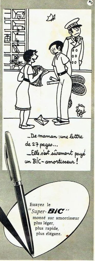 Publicité Bic - Crayon - Essayez le Super-Bic monté sur amortisseur - Couple discute à l'accueil d'un hôtel avec des raquettes - Illustration Jean Effel - Agence Française de Propagande - 1954