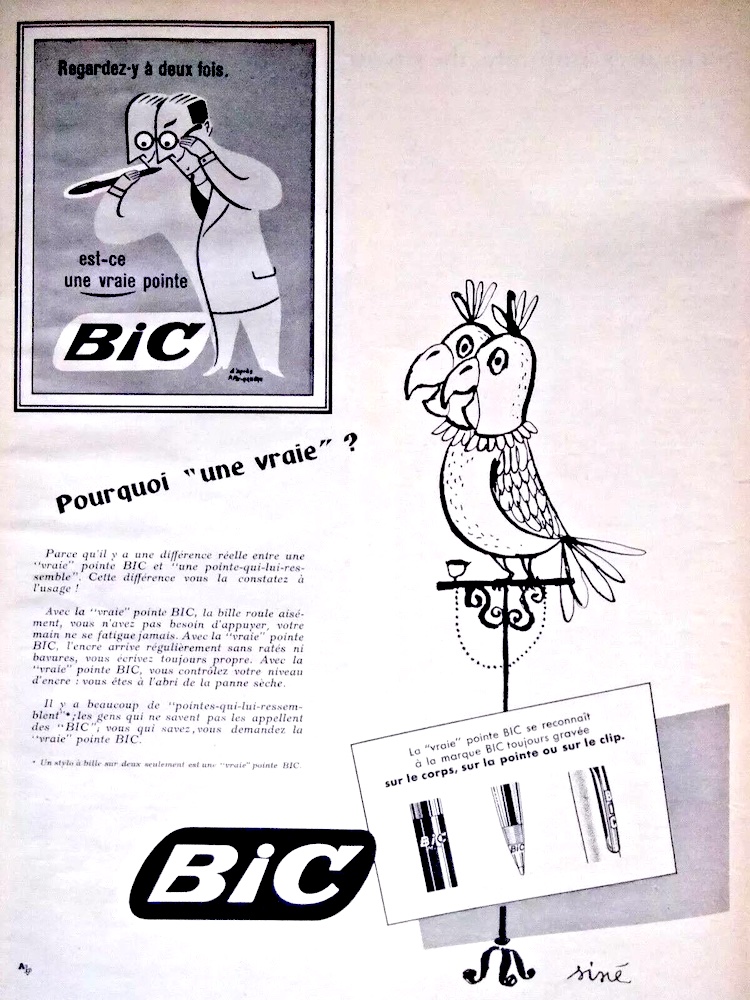 Publicité Bic - Stylo - Pourquoi "une vraie" ? - Tableau présentant une annonce de Pierre Fix-Masseau et un perroquet à 2 têtes comme l'homme sur le tableau - Illustration Siné - Agence Française de Propagande - 1958