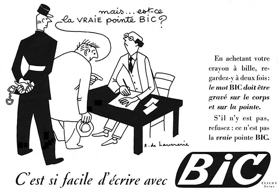 Publicité Bic - Stylo - C'est si facile d'écrire avec un Bic - Le détenu interpelle l'inspecteur "mais est-ce la vraie pointe Bic ?" - Illustration Jean de Laveverie - Agence Française de Propagande - 1952