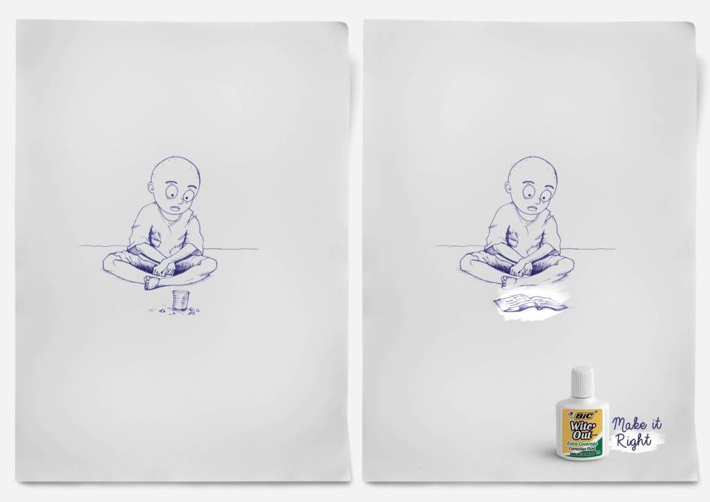 Publicité Bic - Blanc correcteur - Wite'out - Make it right - Enfant dans la rue mendiant (gauche) - L'enfant lit un livre (droite) - Agence Flametree - Kenya - 2014