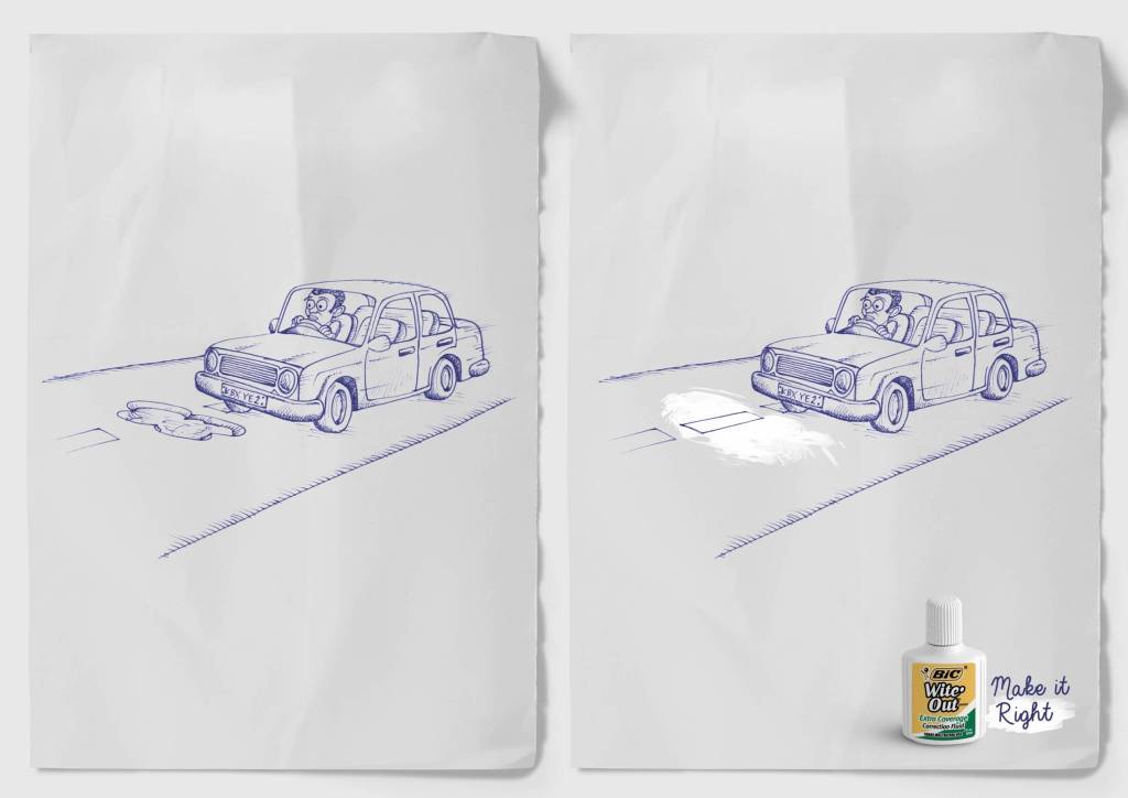 Publicité Bic - Blanc correcteur - Wite'out - Make it right - Trou au milieu de la chaussée (gauche) - Ligne pointillée (droite) - Agence Flametree - Kenya - 2014