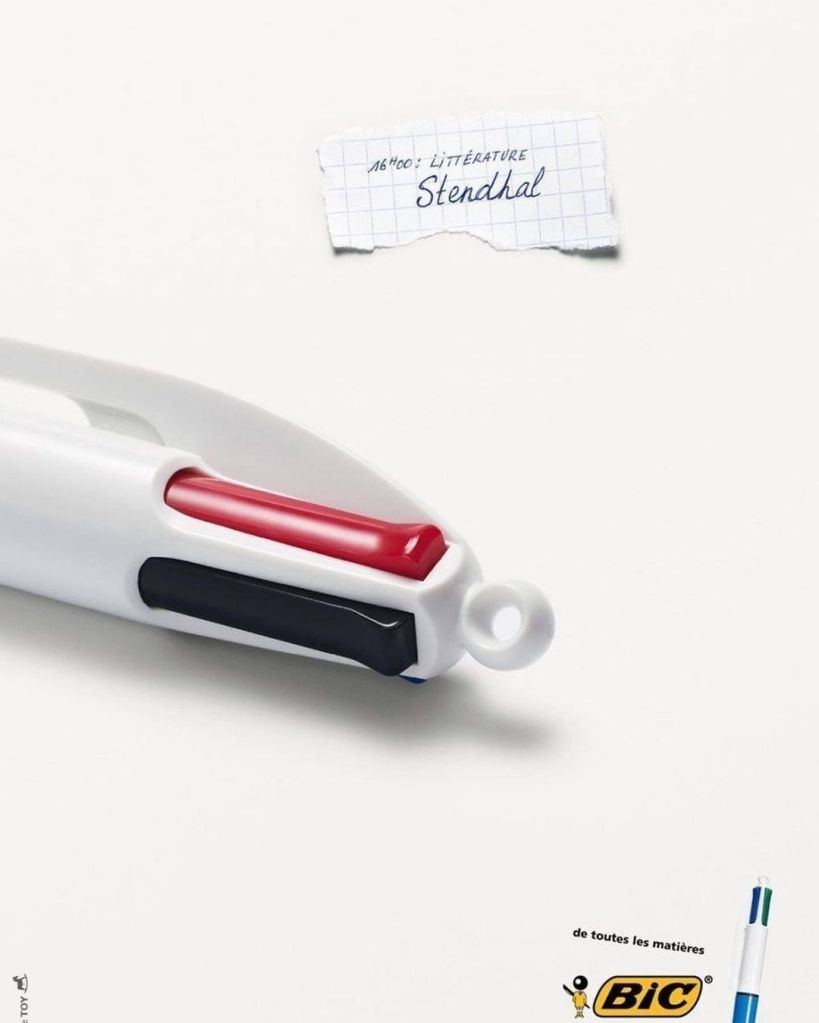Publicité Bic - 4 Couleurs - De toutes les matières - 16h - Littérature - Stendhal - Les couleurs rouge et noir apparaissent à la tête du stylo - Agence Toy - 2011