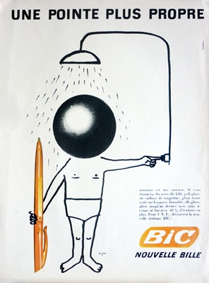 Publicité Bic - Nouvelle Bille - Une pointe plus propre - Personnage avec tête de bille tient son stylo orange en se douchant - Illustration Raymond Savignac - 1961