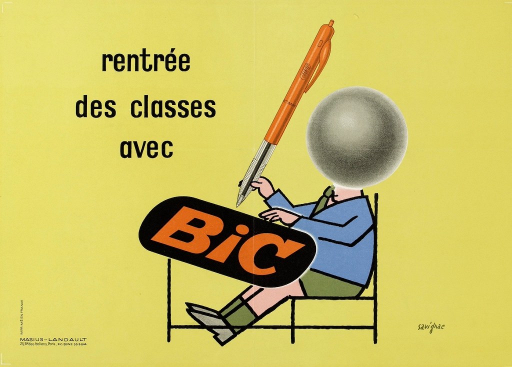 Publicité Bic - Stylo - Rentrée des classes avec Bic - Écolier avec une tête de bille à son bureau avec un stylo orange - Illustration Raymond Savignac - Agence Masius-Landault - 1966