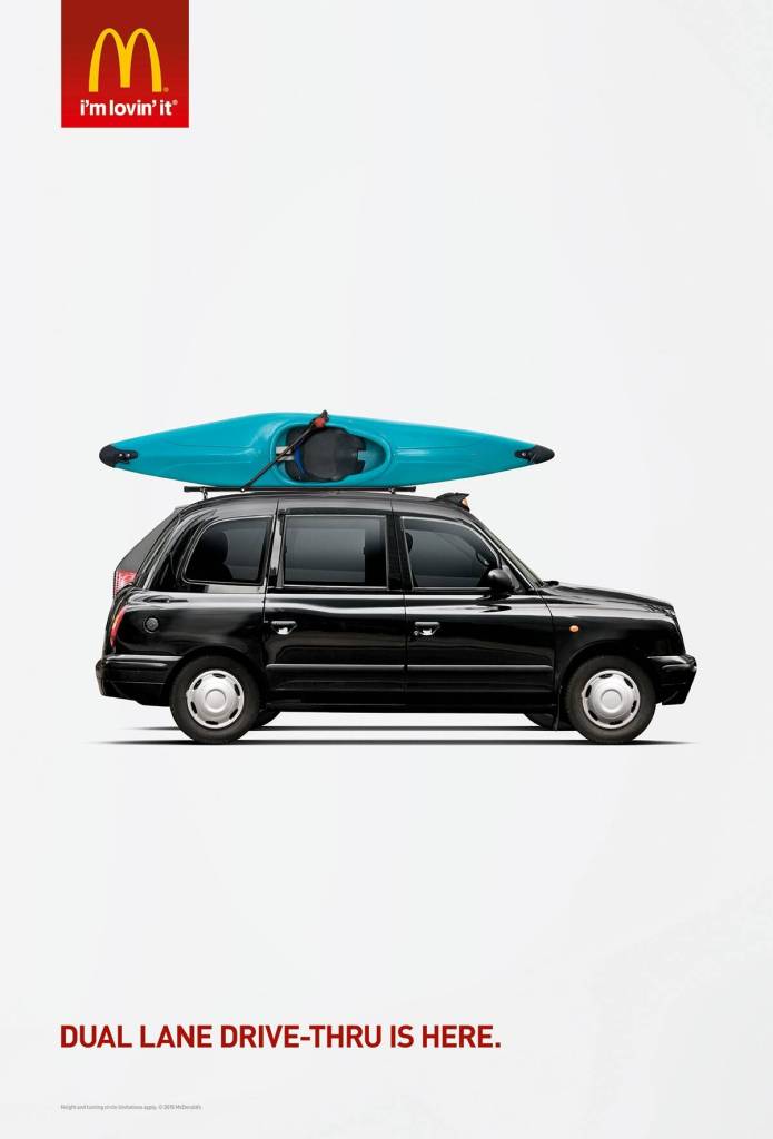 Publicité McDonald's - Drive double voies - Taxi et Kayak - Agence Leo Burnett - UK - 2015