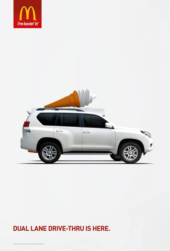 Publicité McDonald's - Drive double voie - SUV asiatique avec cornet de glace sur le toit - Agence Leo Burnett - UK - 2015