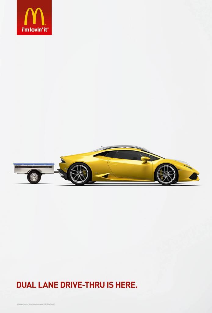 Publicité McDonald's - Drive à double voies - Lamborghini avec remorque - Agence Leo Burnett - UK - 2015